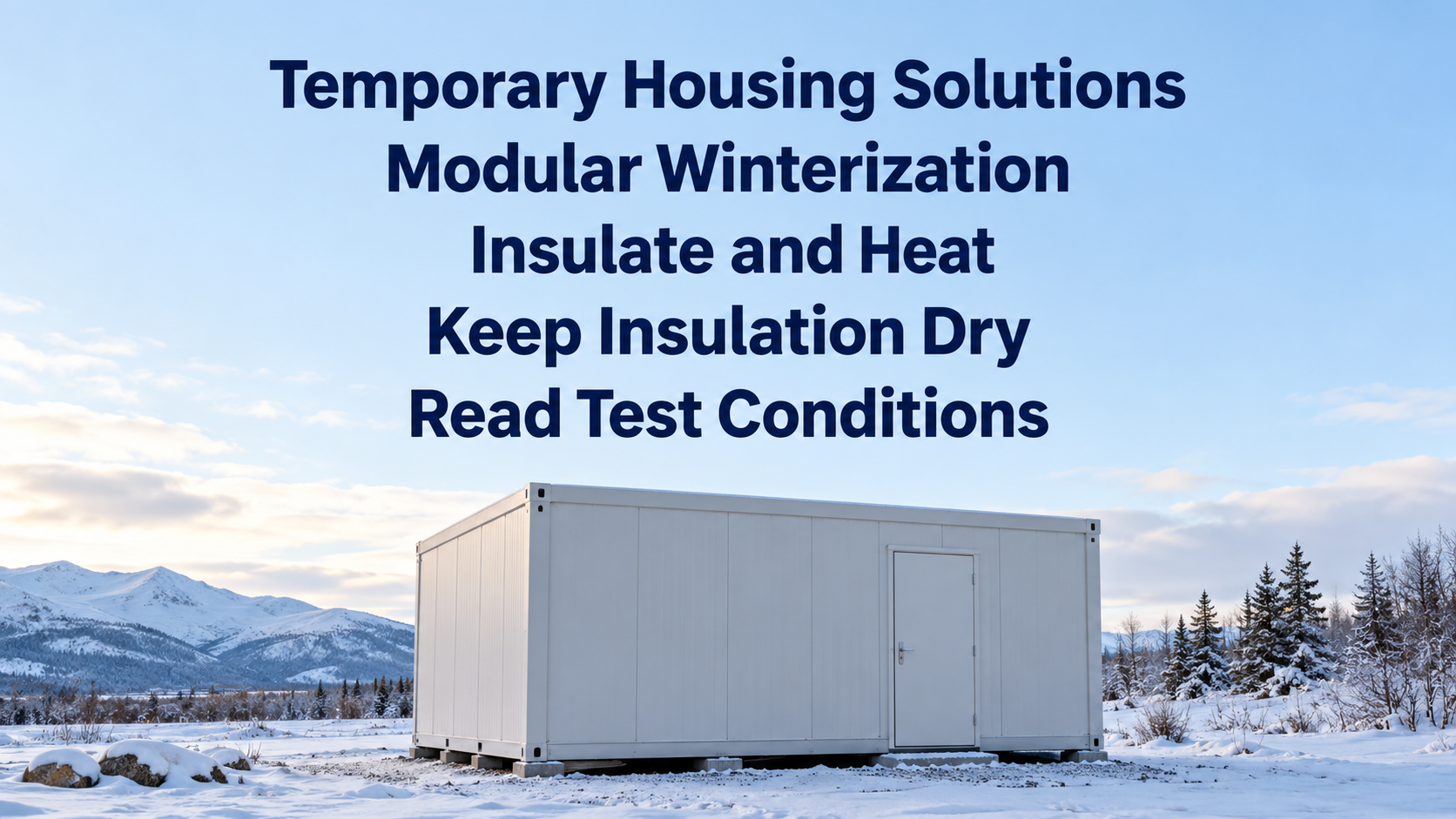 A modular shelter in snow beside Modular Winterization, Insulate and Heat and Read Test Conditions.
