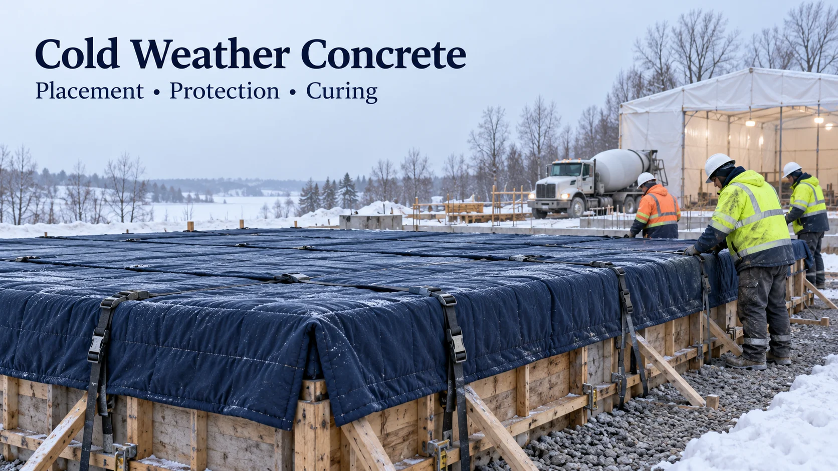 Cold Weather Concrete cover with workers beside insulated foundation forms and a winter enclosure